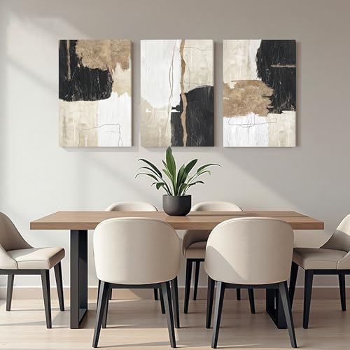 AVECCO Triptych Abstract Black Beige Gold Wrapped Canvas Wall Art 16x24 In - Image 2