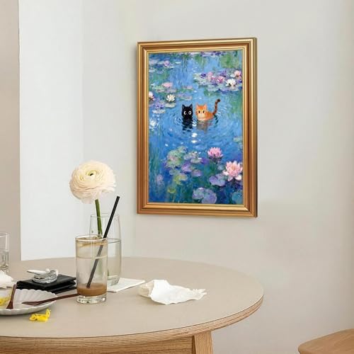 ICHZUMW Gold Framed Funny Cats Monet Water Lilies Canvas Wall Art, 16x24 In - Image 2