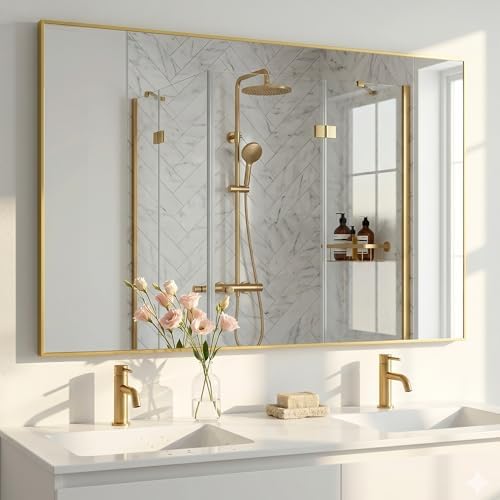 48"x36" Satin Gold Large Framed Bathroom Vanity Wall Mirror by Pocetry