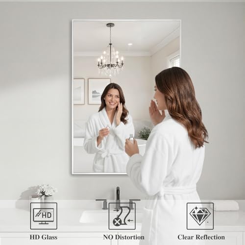 Koonmi White Rectangle Wall Mirror, 24x36 Inch Bathroom Mirror, Aluminum Frame - Image 3