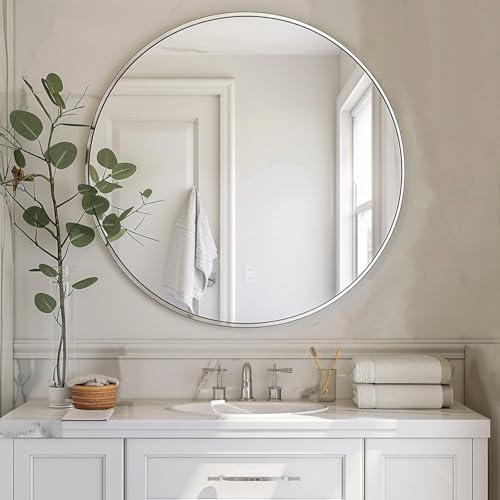 Sunniry Round Mirror 22 inch, Nickel Bathroom Mirror, Brushed Metal Frame - Image 4