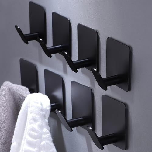 DELITON 8 Pack Adhesive Towel Hooks, Matte Black Wall Hooks by DELITON