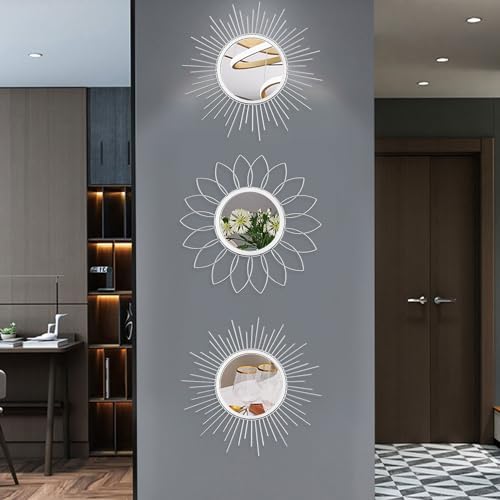 3 Pack Metal Mirrors for Wall Sunburst Wall Mirror Silver Wall Art Décor - Image 4