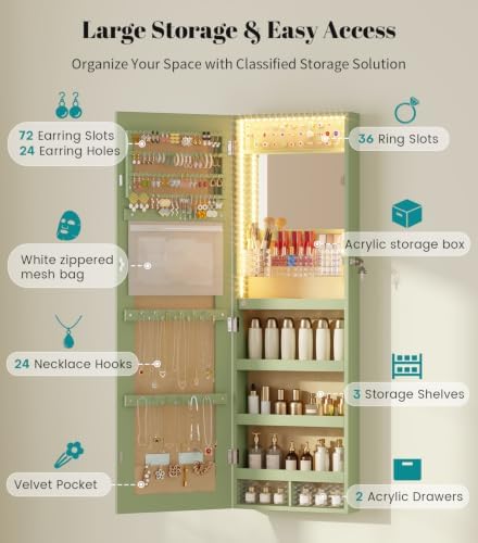 Vlsrka LED Mirror Jewelry Cabinet, Over Door/Wall Mounted Jewelry Organizer - Image 3