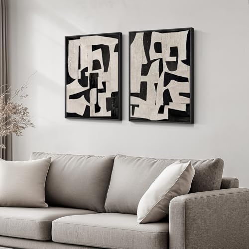Framed Modern Black Beige Abstract Canvas Wall Art Decor Set of 2, 16x24 In - Image 4
