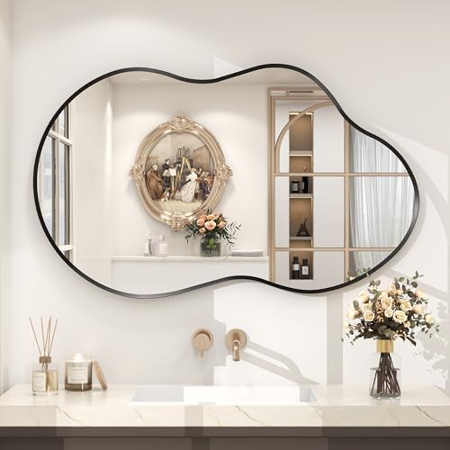 40x24 Black Irregular Wall Mirror, Matte Asymmetrical Mirror by CHARMOR