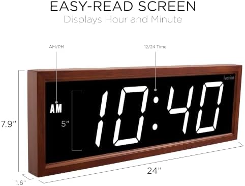 Ivation Large Digital Wall Clock, Big LED Display & Stylish Wood Frame - Image 2