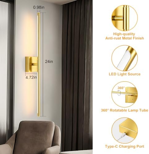 Morauroral 24 Inch Painted Gold Battery Operated Wall Sconces Set of 2 - Image 4