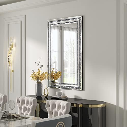 KOHROS 24" x 36" Frameless Bathroom Crystal Decorative Mirror, Crushed Diamond - Image 7