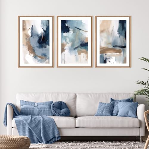 LHIUEM Large Abstract Navy Blue Framed Canvas Wall Art, Neutral Brush Stroke - Image 2