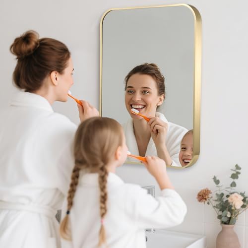 20x30 Inch Gold Bathroom Mirror, Brushed Brass Gold Metal Framed Rectangular - Image 3