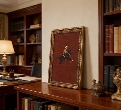 Vintage Gold Framed Canvas Wall Art Skeleton Cowboy Riding Bronco Painting - Image 5