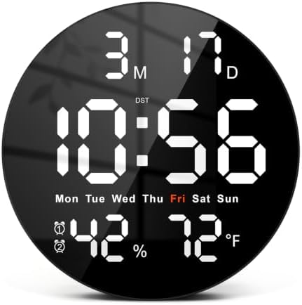 10 Inch Large Digital Wall Clock, LED Round Electric Clocks by Tempospark