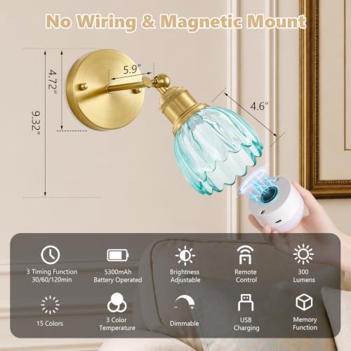 Vintage Battery Operated Wall Sconce, Sky Blue Tulip Glass Lampshade Wireless - Image 4