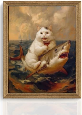 ICHZUMW Framed Funny White Cat Riding Shark Ocean Canvas Wall Art 8x10 In by Unknown