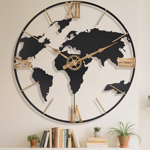 Pytha Sight 24 Inch Large World Map Vintage Gold Roman Numerals Wall Clock by Pytha+Sight
