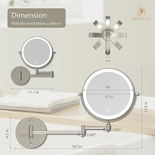 8" Wall Mounted Lighted Makeup Mirror, Brushed Nickel - Image 6