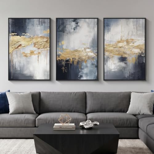 Large Framed Blue and Gold Abstract Wall Art by Cuspin