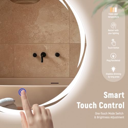 Bathroom Smart Mirrors with Three Color LED Lights, 20”x20 Bath Round Mirror - Image 5