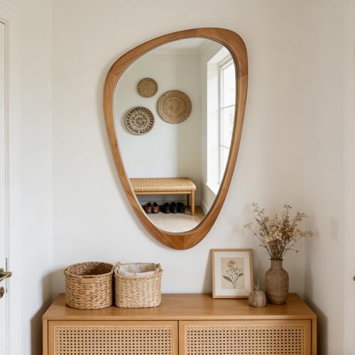 Irregular Asymmetrical Wall Mirror 19"x30" Wooden Frame Bathroom Mirror by Ruomeng