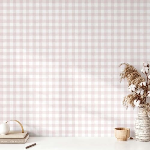 Heroad Pink Peel and Stick Wallpaper Boho Gingham Checkered Contact Paper by HeroadBrand