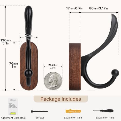 8 Pack Wall Mounted Coat Hooks, Walnut Wood & Black Metal Double Hooks - Image 2