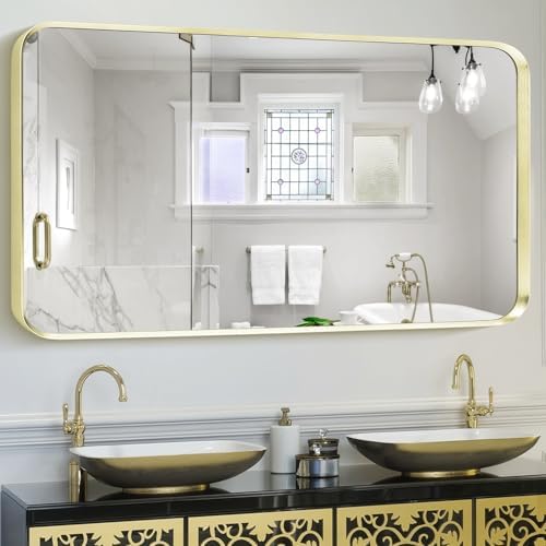 Gold Bathroom Mirror 28x60in, Metal Framed Rounded Rectangle Wall by Minuover