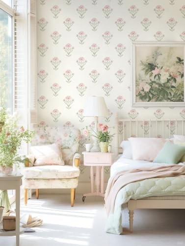 Safiyya Floral Peel and Stick Wallpaper Boho Removable Pink Green Girls Wall - Image 2