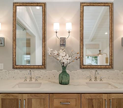 Large Antique Gold Solid Wood Frame Mirror, Rectangle Wooden Mirrors - Image 3
