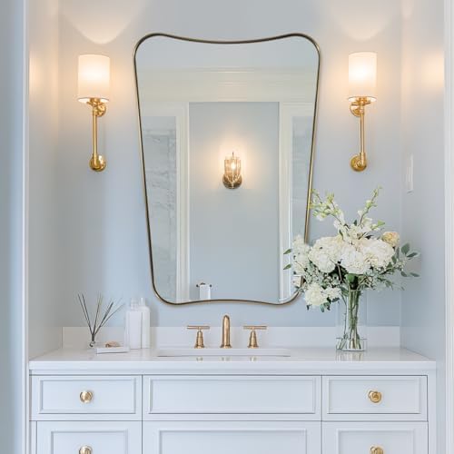ANDY STAR Gold Vanity Mirror, 26x38 Inch Brushed Gold Asymmetrical Wall Mirror by ANDYSTAR
