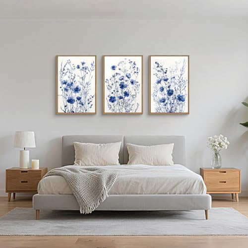 FWIEXA Blue White Wildflower Canvas Wall Art Set of 3, Framed Navy Chinoiserie - Image 3