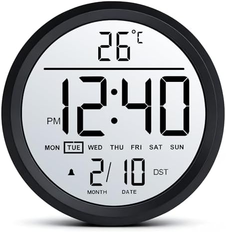 8" Round LCD Digital Wall Clock Battery Operated by Unknown
