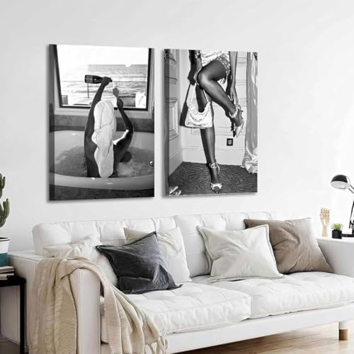 2pcs Fashion Women Canvas Wall Art Black and White Wall Art Aesthetic Posters - Image 6