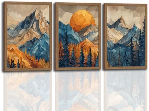 Mountain Wall Art Set of 3 Framed, Abstract Landscape Canvas Print by Unknown