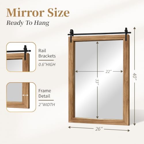 Farmhouse Bathroom Vanity Mirror, 40”x 26” Wood Barn Door Mirror, Light Brown - Image 2