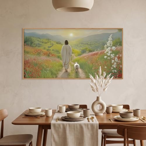 LHIUEM Large Jesus and Lamb Christian Framed Canvas Wall Art, Leaves The 99 - Image 3