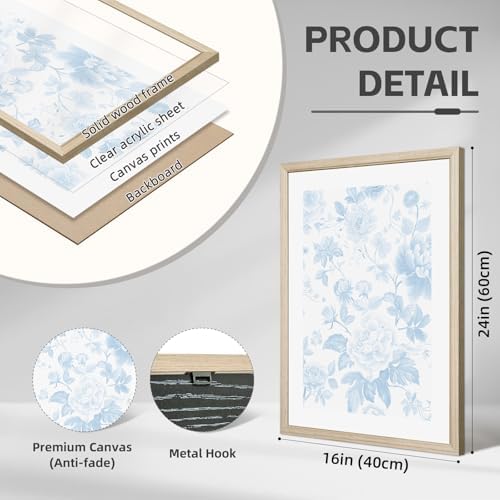 Blue White Wall Art Chinoiserie Flower Canvas Wall Decor Aesthetic Floral Wall - Image 2