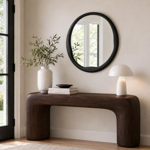 Matte Black 24 Inch Round Wood Wall Mirror, Asymmetrical Inner Edge - Image 6