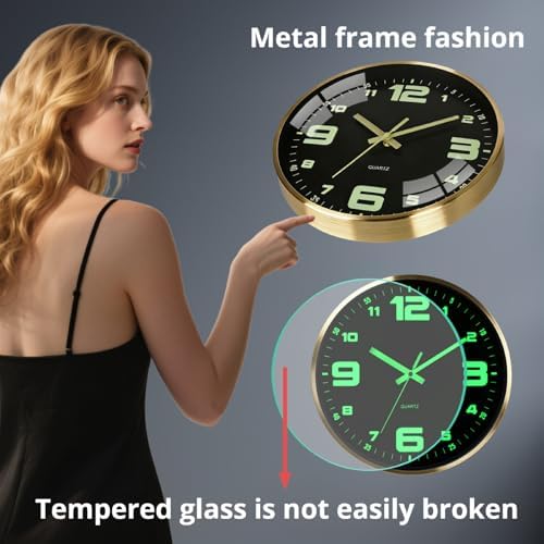 Wall Clock 12 Inch Luminous Silent Large Numerals Black, Metal Frame 1-Pack - Image 3