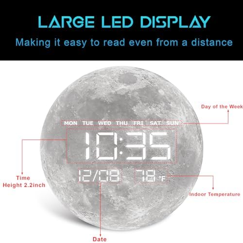 Digital Wall Clock, LED Moon/Earth Design, Temperature Display, 7.87 x 7.87 - Image 3