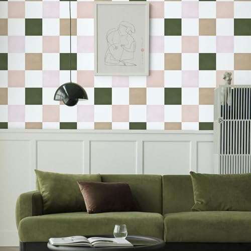 Ismoon Modern Peel and Stick Wallpaper Pink and Green Checkered Contact Paper - Image 3