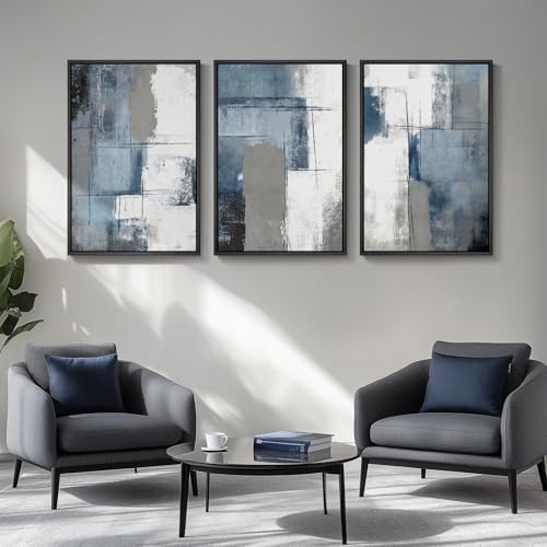 Large Framed Blue and Gray Abstract Wall Art - Image 4