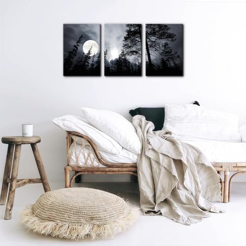 Pacimo 3 Pieces Framed Wall Art Decorations Dark Forest Night Landscape - Image 2
