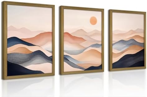 Vintage Abstract Mountain Wall Art Set of 3 Canvas, Neutral Desert Landscape by Unknown