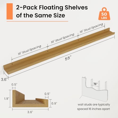 RICHFOCUS Picture Ledge Shelf, 55 inch Floating Shelves Set of 2, Wood Wall - Image 3