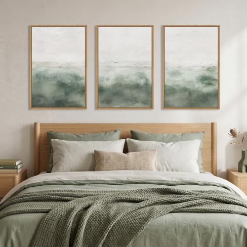 Large Abstract Grey Green Framed Canvas Wall Art, Watercolor Neutral White Wall - Image 4
