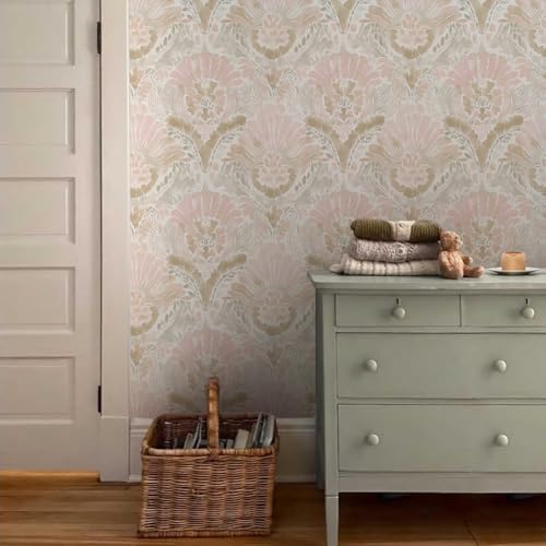 Boho White Pink Damask Watercolor Geometric Peel and Stick Wallpaper Wall Decor - Image 3