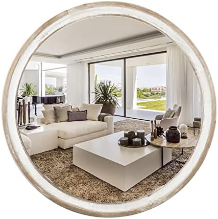 24 Inch Whitewashed Round Wood Mirror, Rustic Farmhouse Wall Mirrors by ReflintoWallDecor