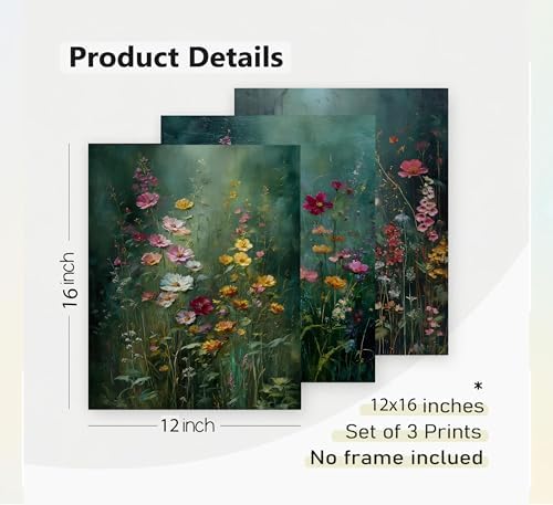 3Pcs Dark Green Floral Canvas Wall Art Moody Wildflowers Poster Prints Vintage - Image 5