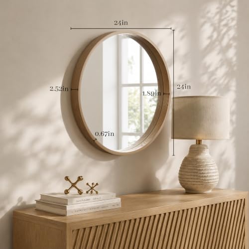 WallBeyond 24 Inch Natural Round Wood Mirror, Circle Wooden Frame Wall Mirror - Image 5